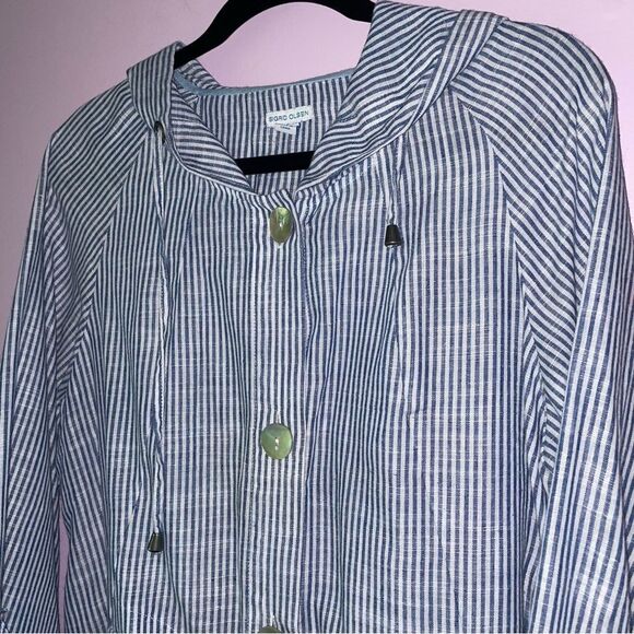 Sigrid Olsen Size L Linen Hooded Jacket Blue White Stripe Coastal Lagenlook - Picture 2 of 8